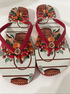 Tory Burch Red Logo Flip Flops with Floral & Fruit Print